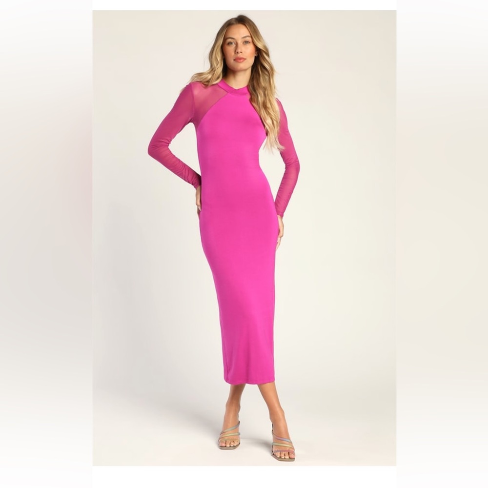 Lulu’s Magenta Mesh Long Sleeve Bodycon Dress